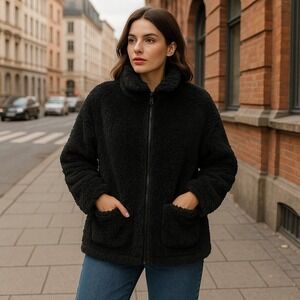 MNY Marc New York Performance Women's 1X Black Sherpa Jacket‎ Cozy Minimalist